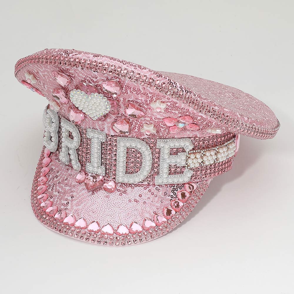 Pink & White Pearl Bride Rhinestone Studded Captain Hat - Picture 3 of 4